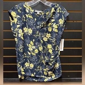 Peace & Pearls Blue Yellow Floral Blouse Size S NWT